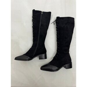 Vero Cuoio Black Knee High Wingtip Boots Suede Leather Square Toe Size 40